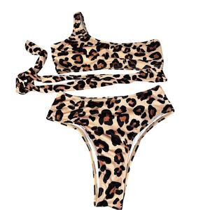 Leopard Print One Shoulder Wrap Bikini Set High Waisted Ribbed Swimsuit Large
